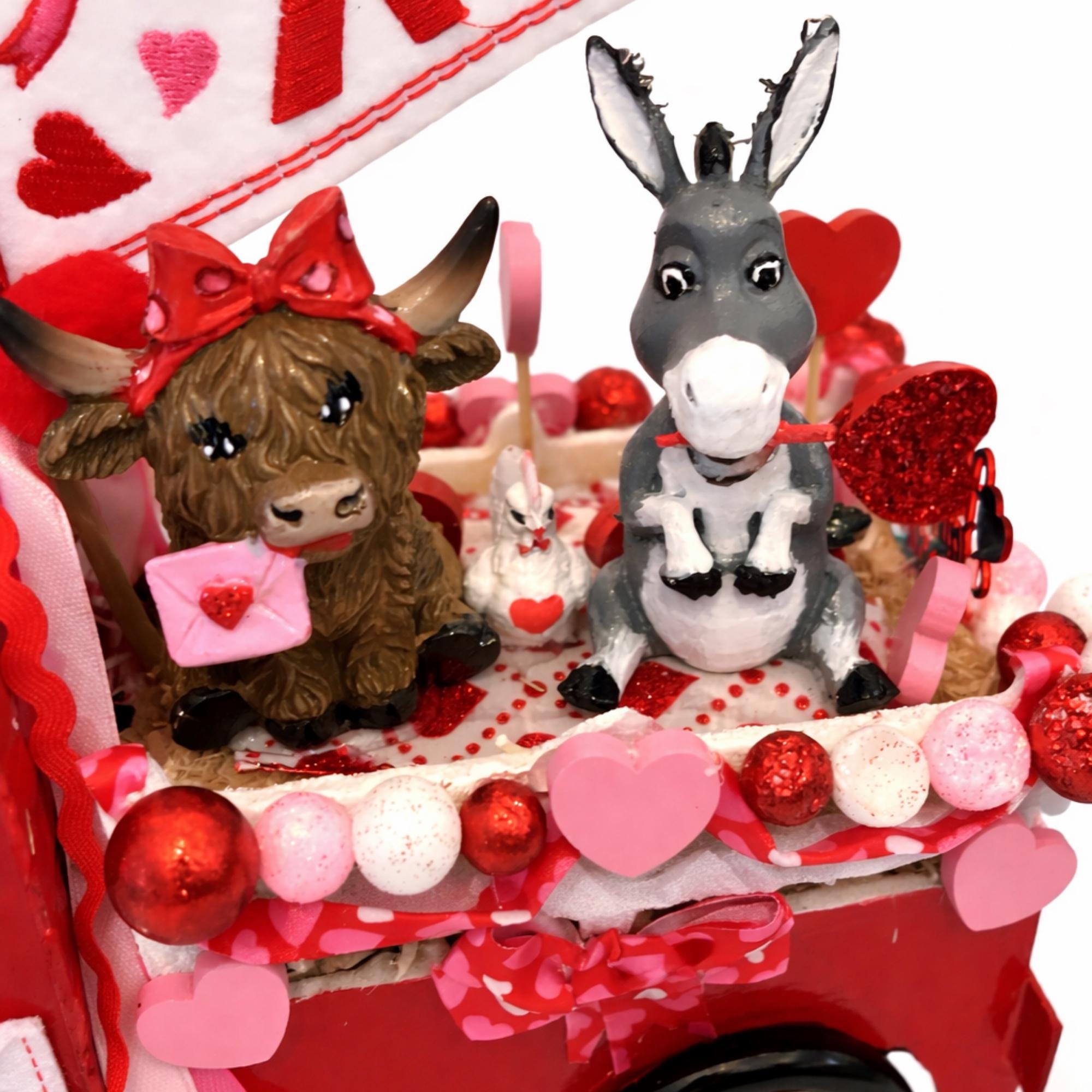 Handmade Valentine Red Truck Decor, Highland Cow, Donkey & Chicken - Made From the Heart Co