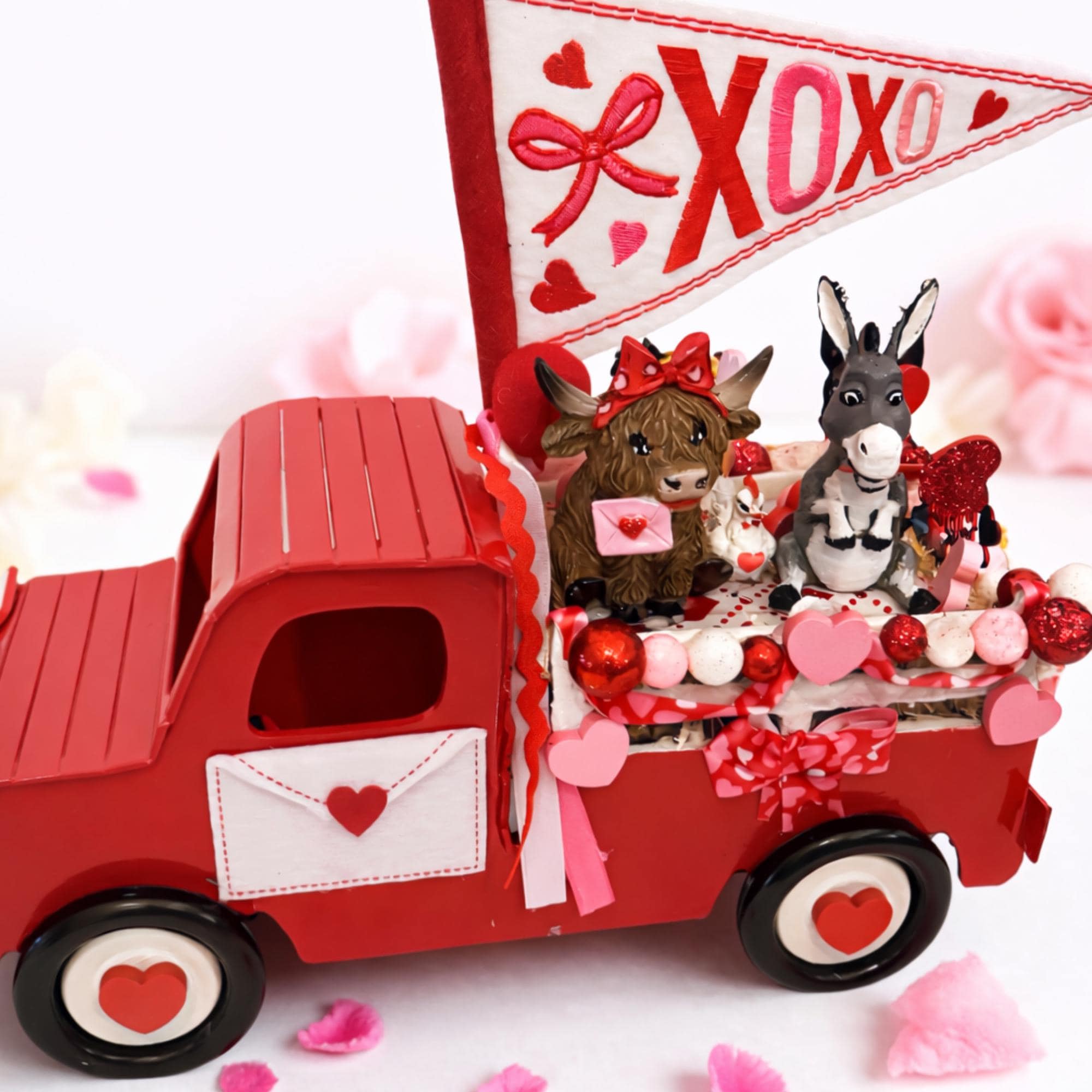 Handmade Valentine Red Truck Decor, Highland Cow, Donkey & Chicken - Made From the Heart Co