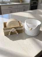 Rope Coaster Set of 6 with Wooden Holder • Neutral Farmhouse Coasters • Boho Table Decor • Housewarming Gift • Coffee Table Coasters • - Made From the Heart Co