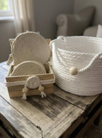 Rope Coaster Set of 6 with Wooden Holder • Neutral Farmhouse Coasters • Boho Table Decor • Housewarming Gift • Coffee Table Coasters • - Made From the Heart Co