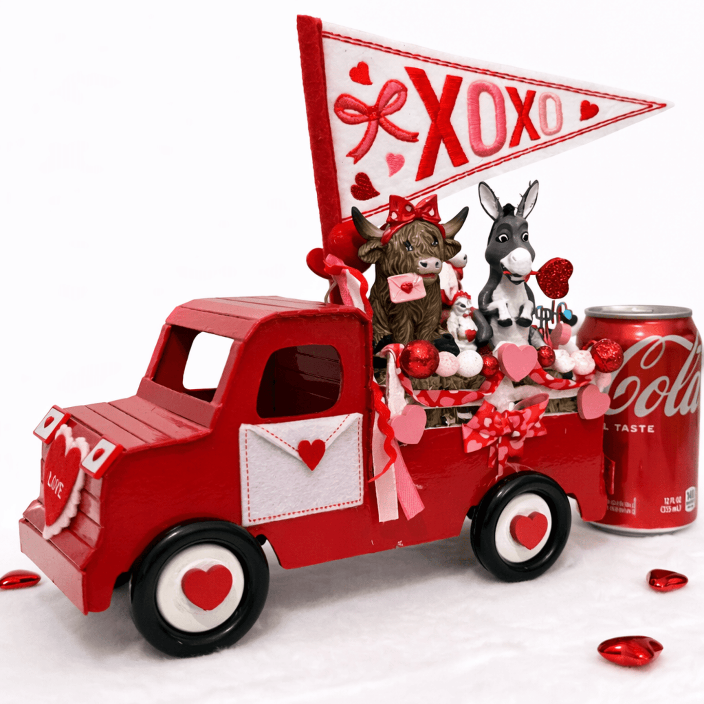Handmade Valentine Red Truck Decor, with Highland Cow, Donkey & a Chickens. - Made From the Heart Co