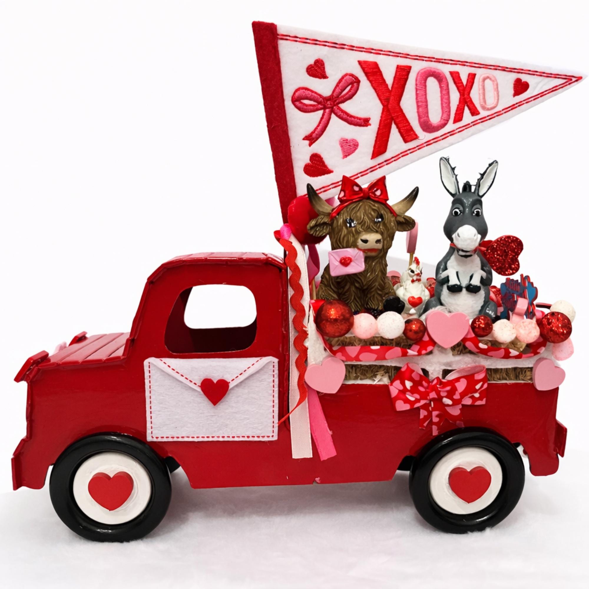 Handmade Valentine Red Truck Decor, with Highland Cow, Donkey & a Chickens. - Made From the Heart Co