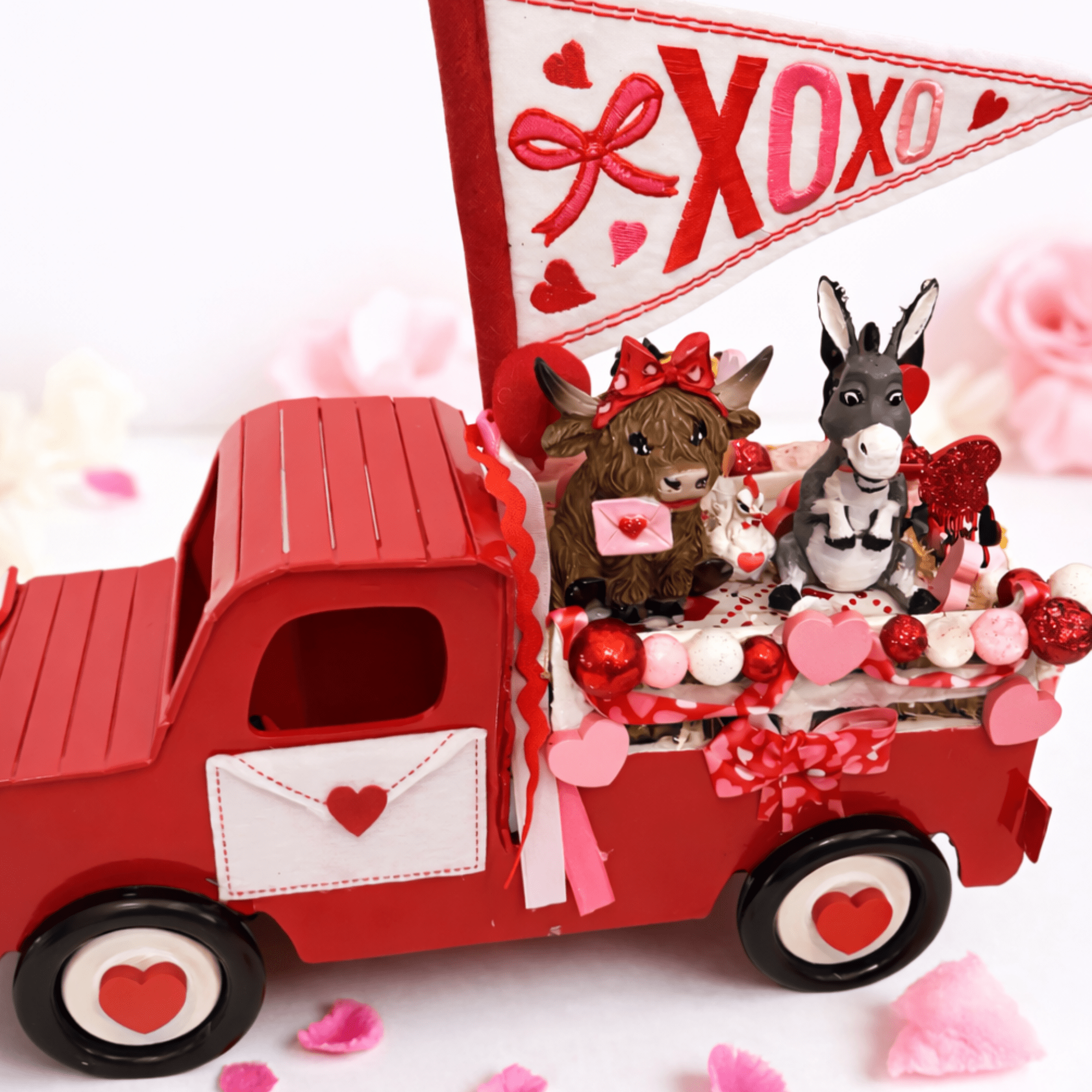 Handmade Valentine Red Truck Decor, with Highland Cow, Donkey & a Chickens. - Made From the Heart Co