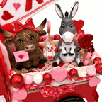 Handmade Valentine Red Truck Decor, with Highland Cow, Donkey & a Chickens. - Made From the Heart Co