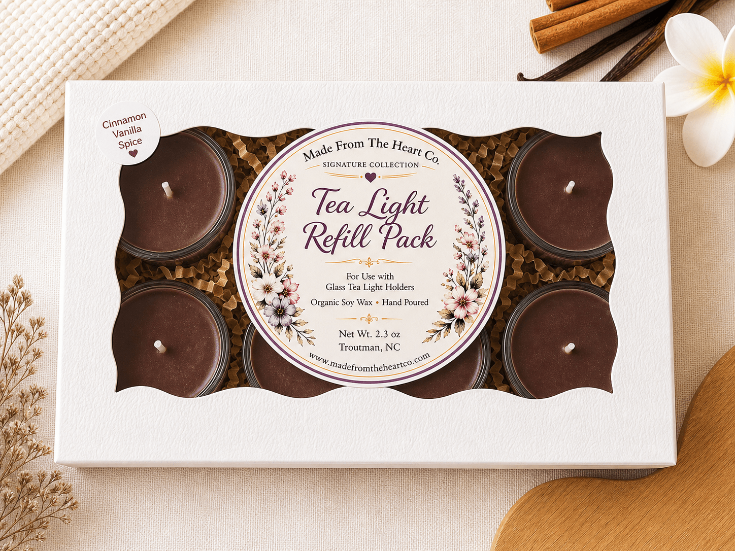Cinnamon Vanilla Spice Tea Lights – Luxury Glass & Refills - Made From the Heart Co