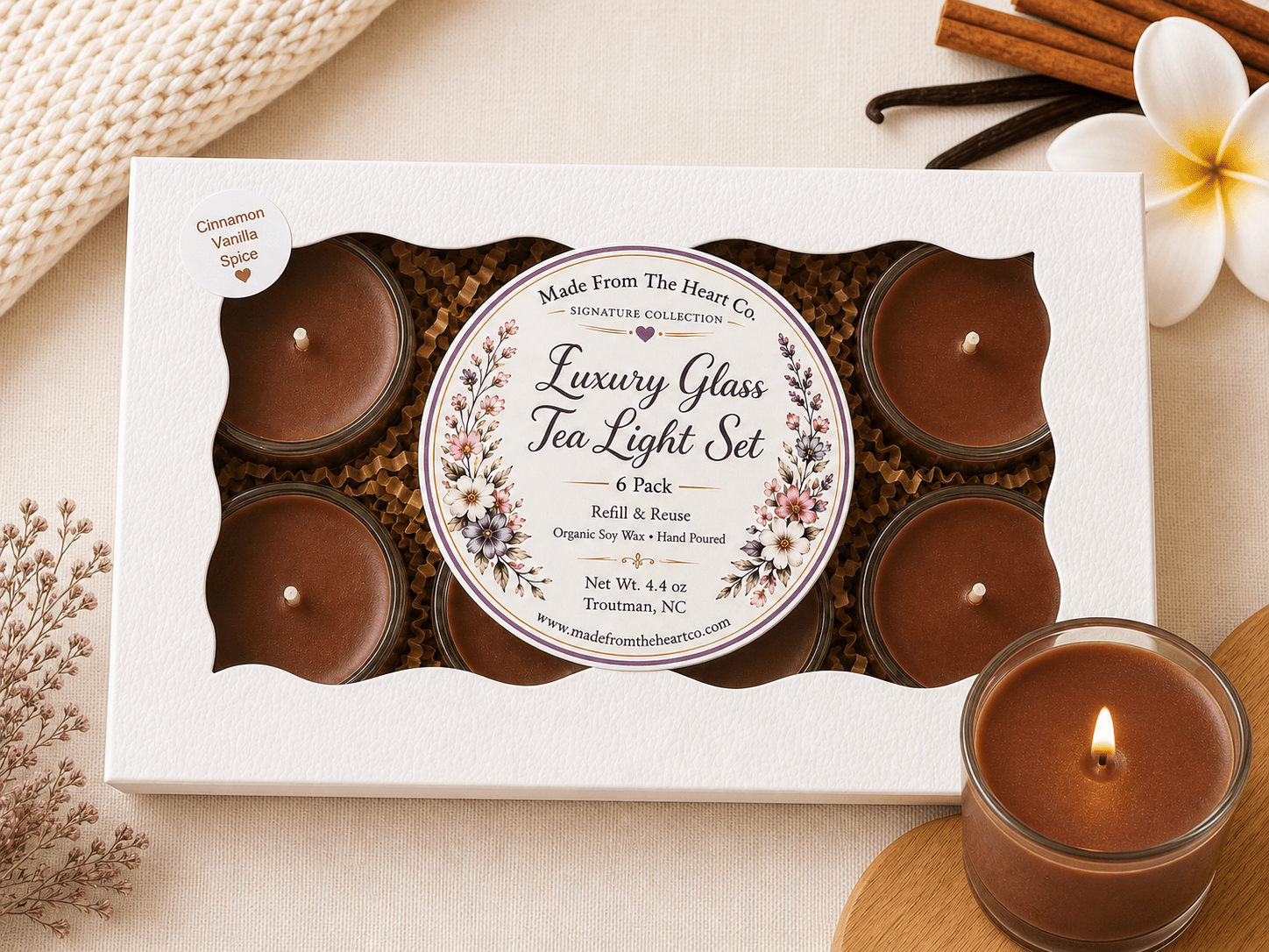 Cinnamon Vanilla Spice Tea Lights – Luxury Glass & Refills - Made From the Heart Co