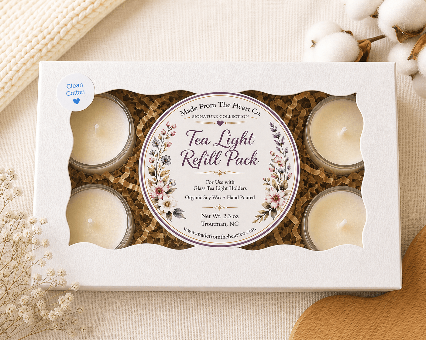 Clean Cotton Tea Lights – Luxury Glass & Refills - Made From the Heart Co