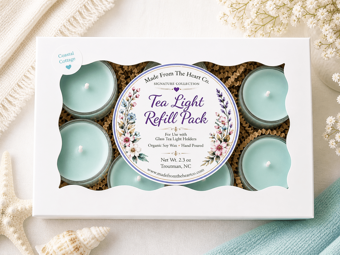 Coastal Cottage Tea Lights – Luxury Glass & Refills - Made From the Heart Co