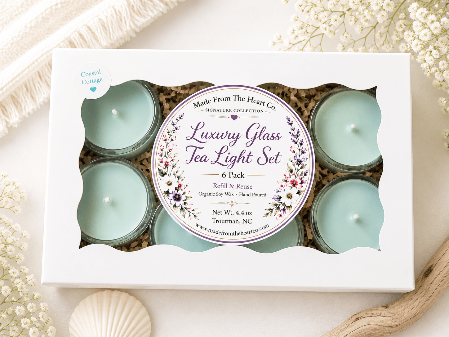 Coastal Cottage Tea Lights – Luxury Glass & Refills - Made From the Heart Co