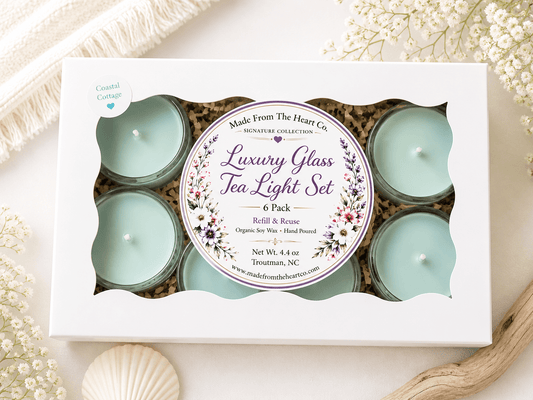 Coastal Cottage Tea Lights – Luxury Glass & Refills - Made From the Heart Co