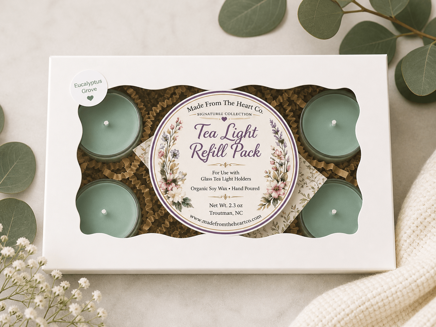 Eucalyptus Grove Tea Lights – Luxury Glass & Refills - Made From the Heart Co