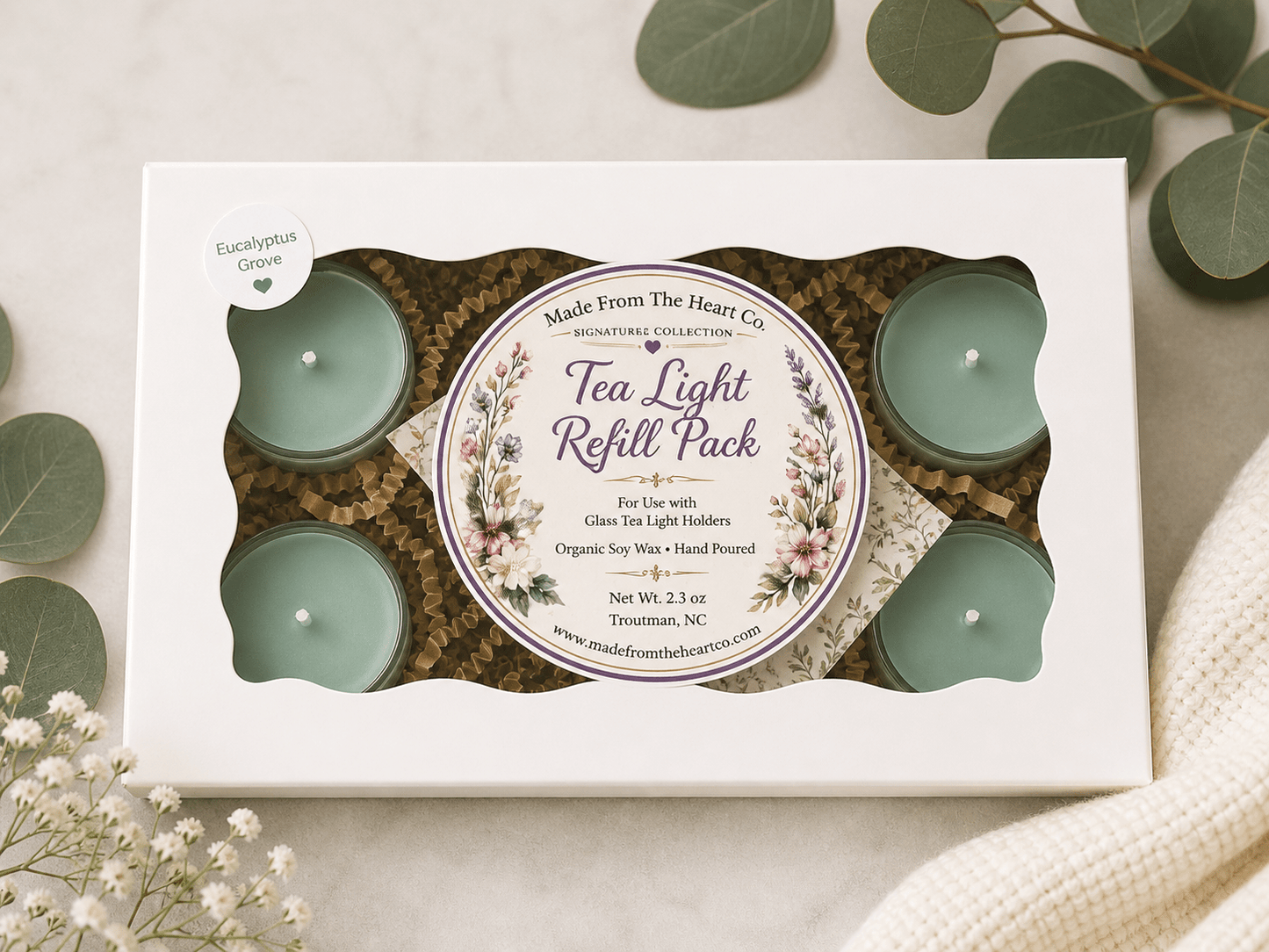 Eucalyptus Grove Tea Lights – Luxury Glass & Refills - Made From the Heart Co