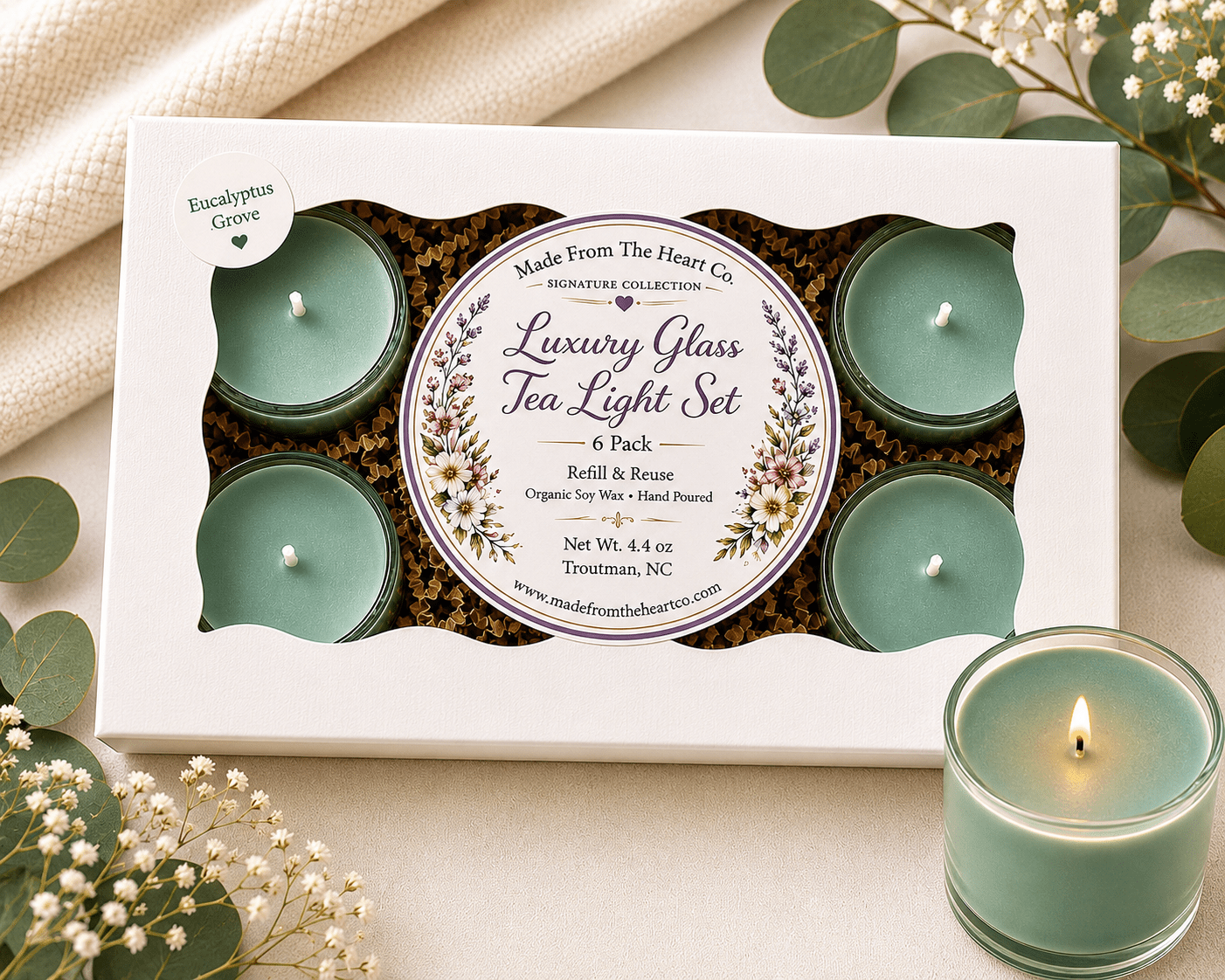 Eucalyptus Grove Tea Lights – Luxury Glass & Refills - Made From the Heart Co