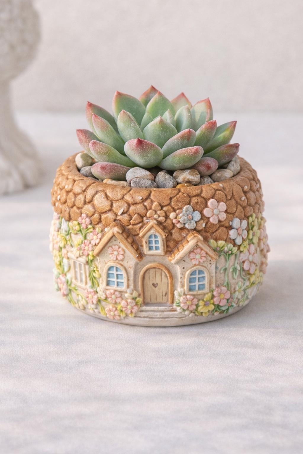 Finished painted keepsake cottage planter with a live succulent