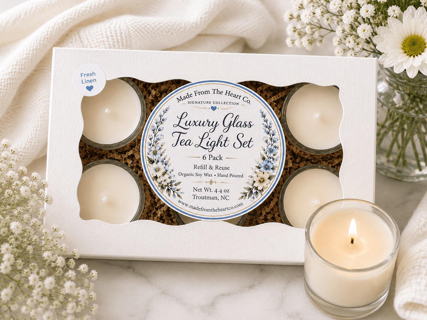 Fresh Linen Tea Lights – Luxury Glass & Refills - Made From the Heart Co