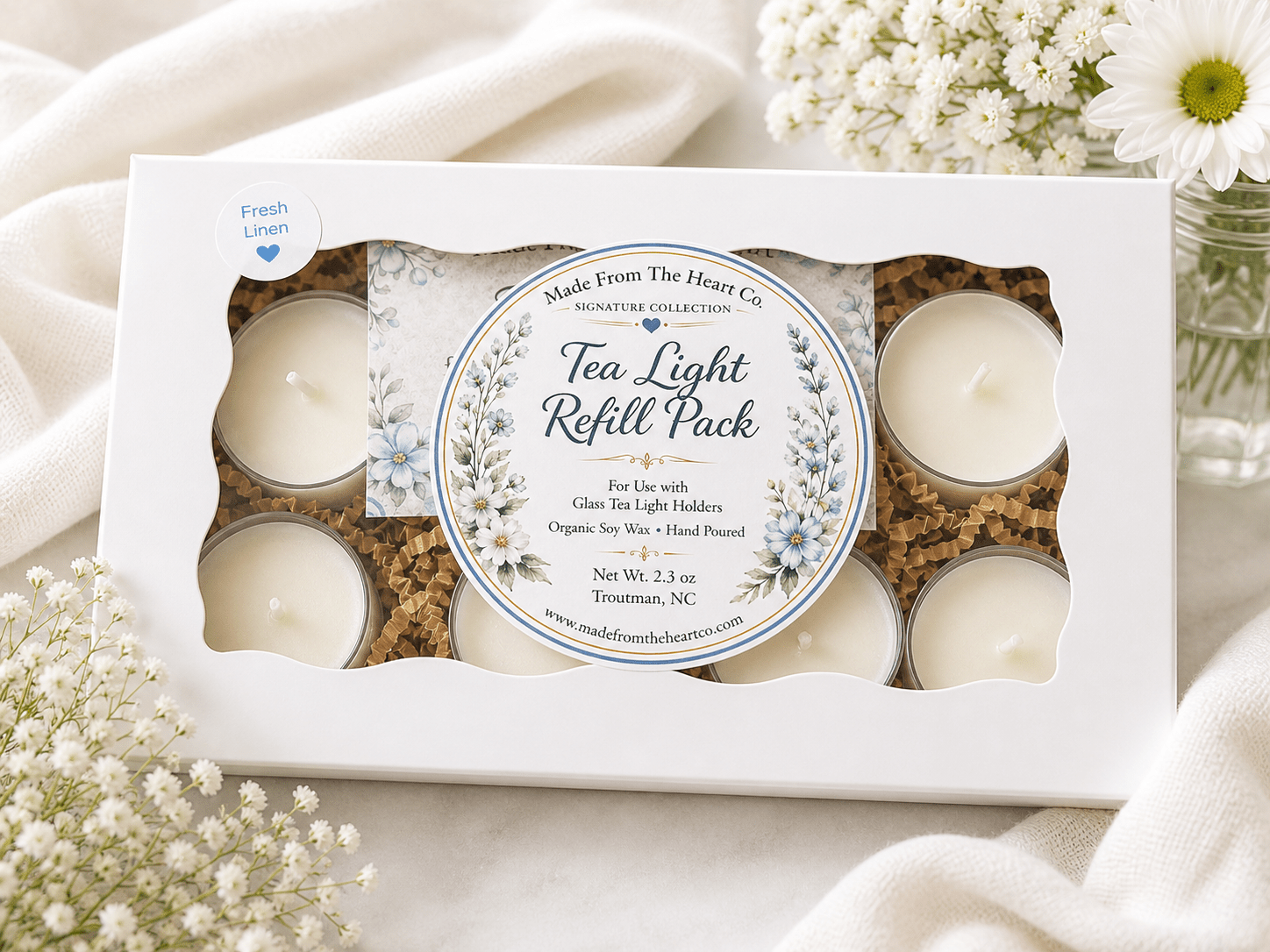 Fresh Linen Tea Lights – Luxury Glass & Refills - Made From the Heart Co