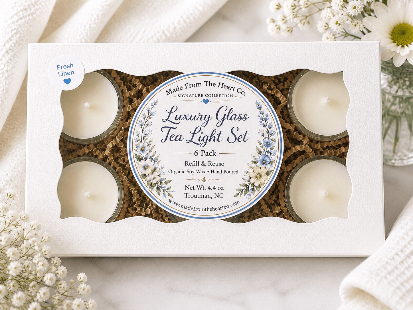 Fresh Linen Tea Lights – Luxury Glass & Refills - Made From the Heart Co