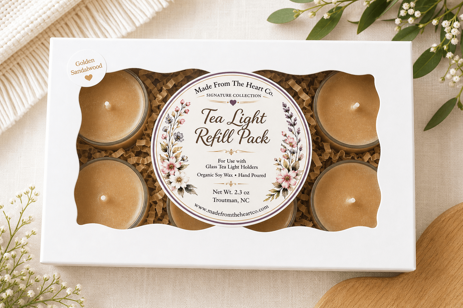 Golden Sandalwood Tea Lights – Luxury Glass & Refills - Made From the Heart Co