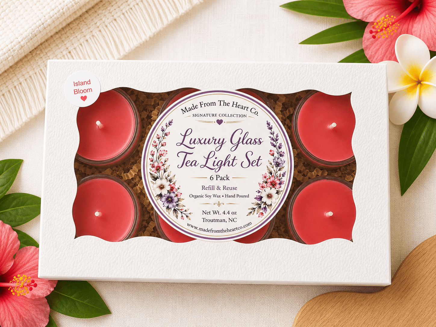 Island Bloom Tea Lights – Luxury Glass & Refills - Made From the Heart Co