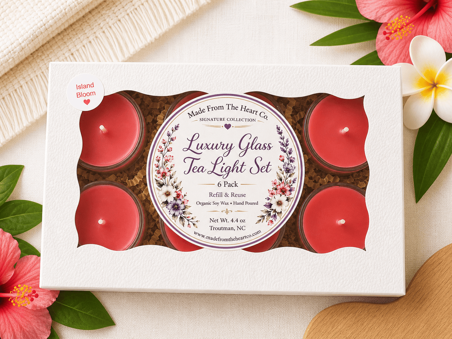 Island Bloom Tea Lights – Luxury Glass & Refills - Made From the Heart Co
