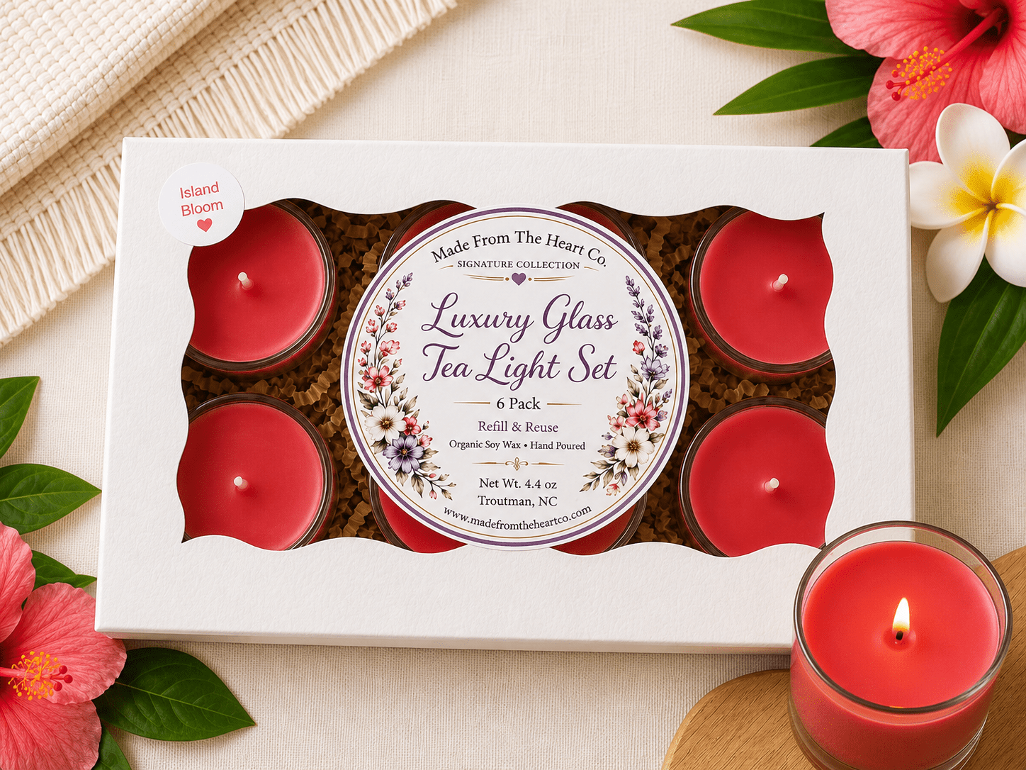 Island Bloom Tea Lights – Luxury Glass & Refills - Made From the Heart Co