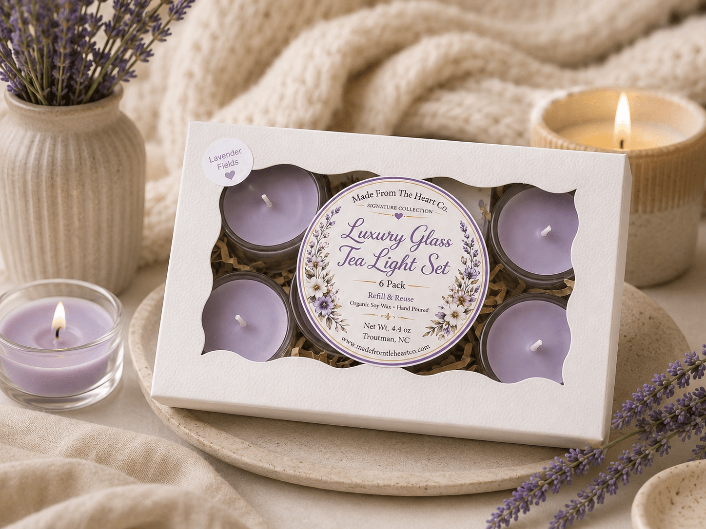 Lavender Fields Tea Lights – Luxury Glass & Refills - Made From the Heart Co