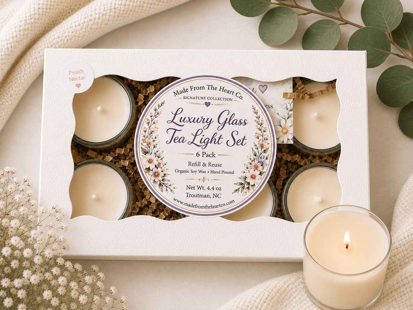 Peach Nectar Tea Lights – Luxury Glass & Refills - Made From the Heart Co