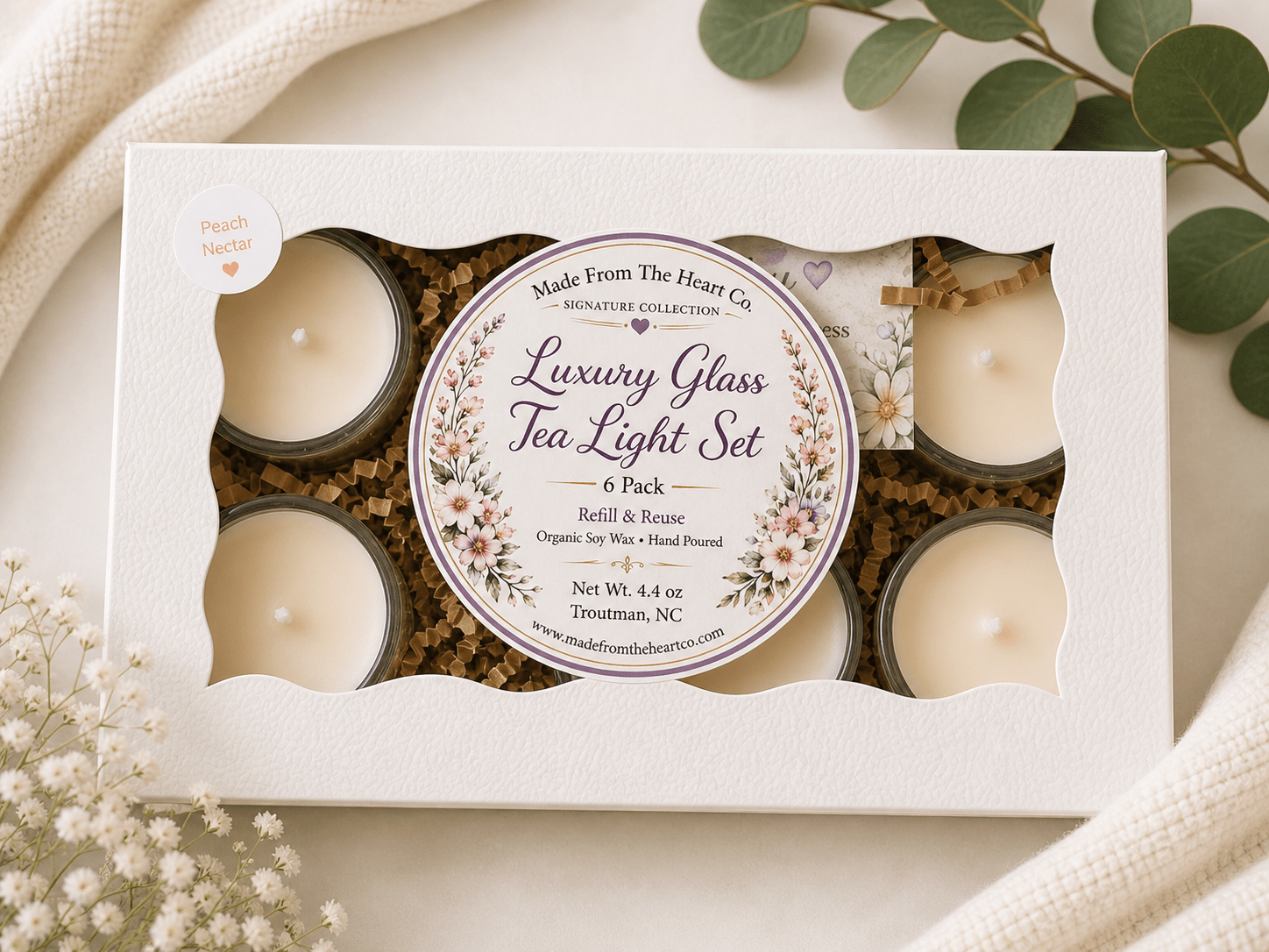 Peach Nectar Tea Lights – Luxury Glass & Refills - Made From the Heart Co