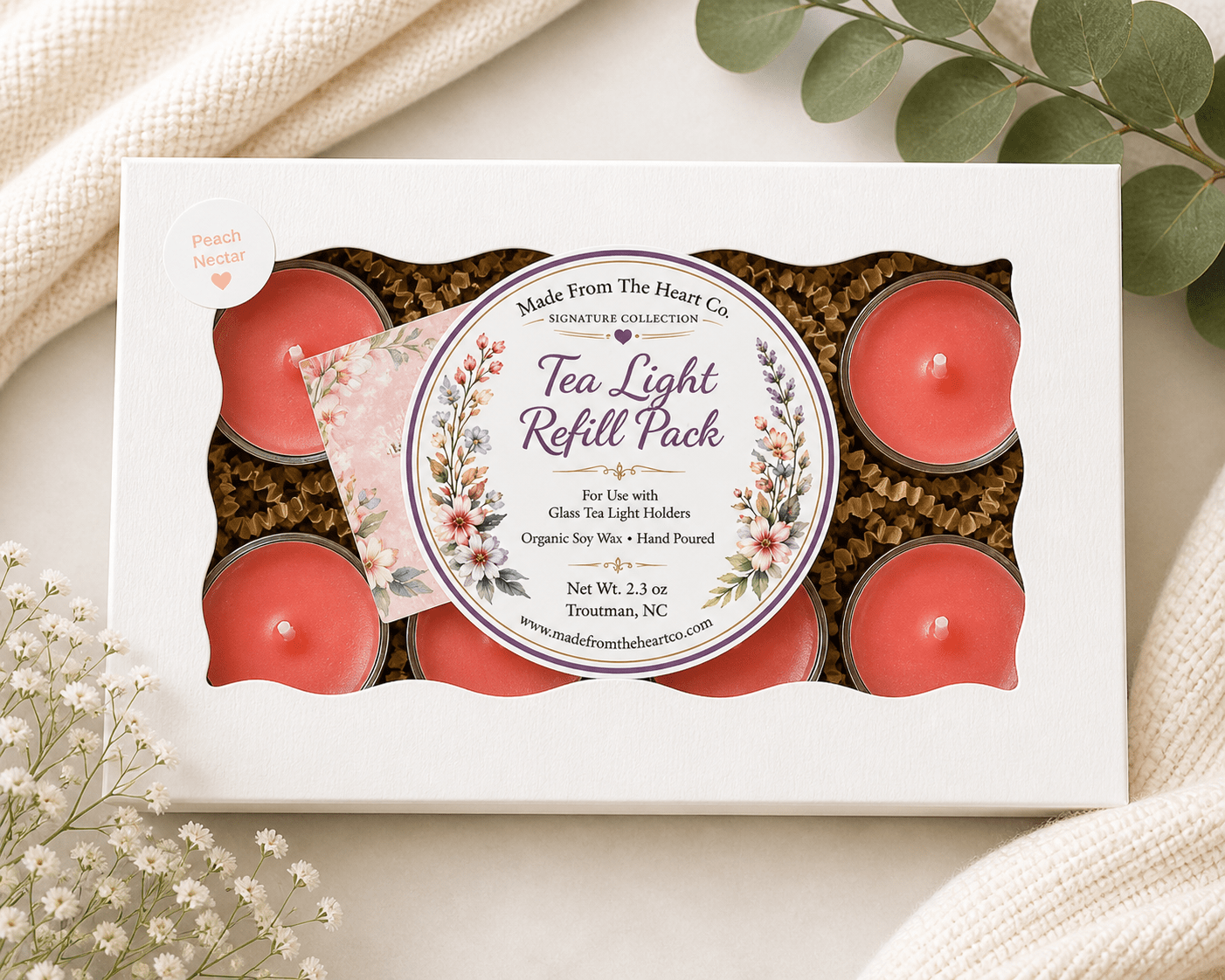 Peach Nectar Tea Lights – Luxury Glass & Refills - Made From the Heart Co
