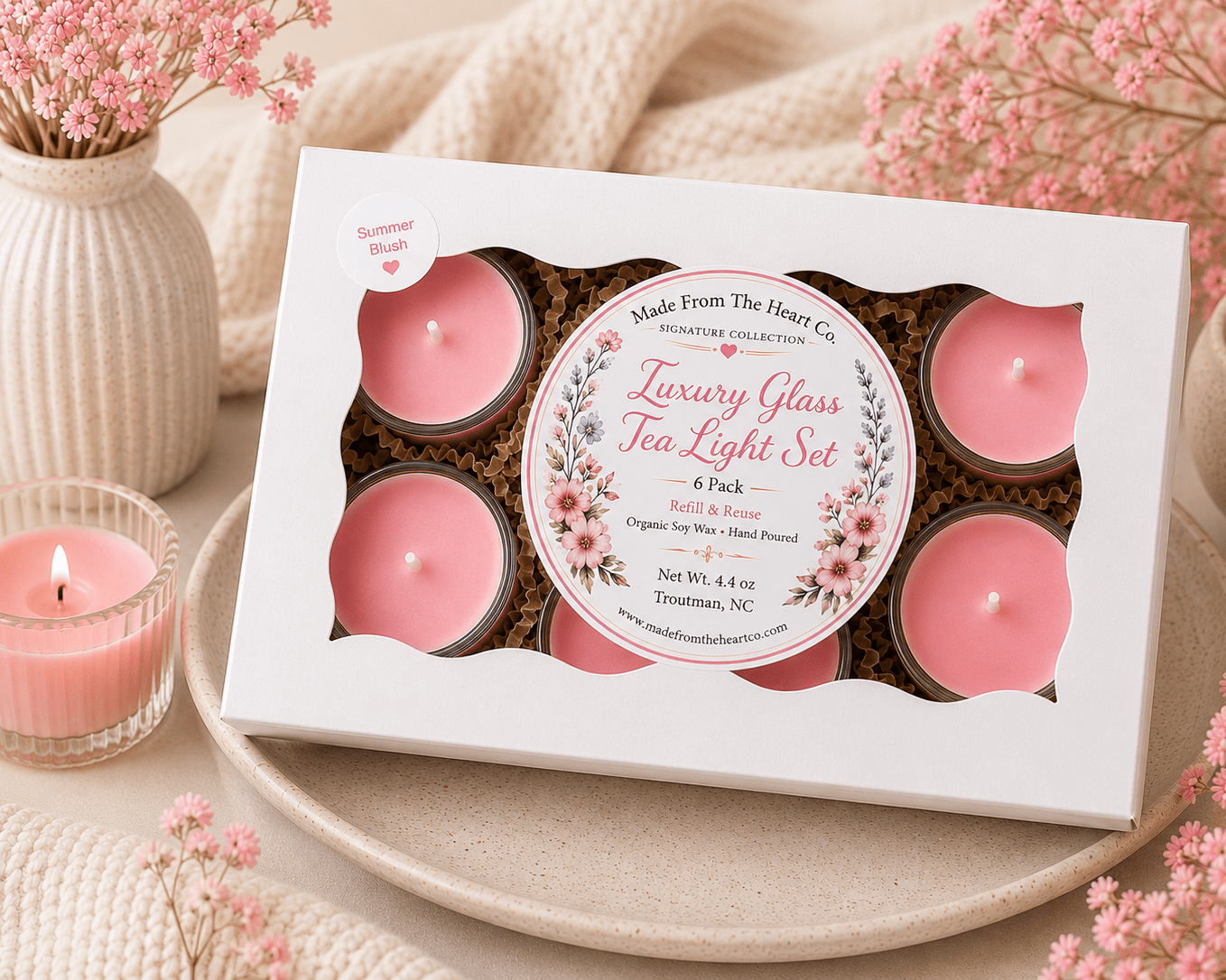 Summer Blush Tea Lights – Luxury Glass & Refills - Made From the Heart Co