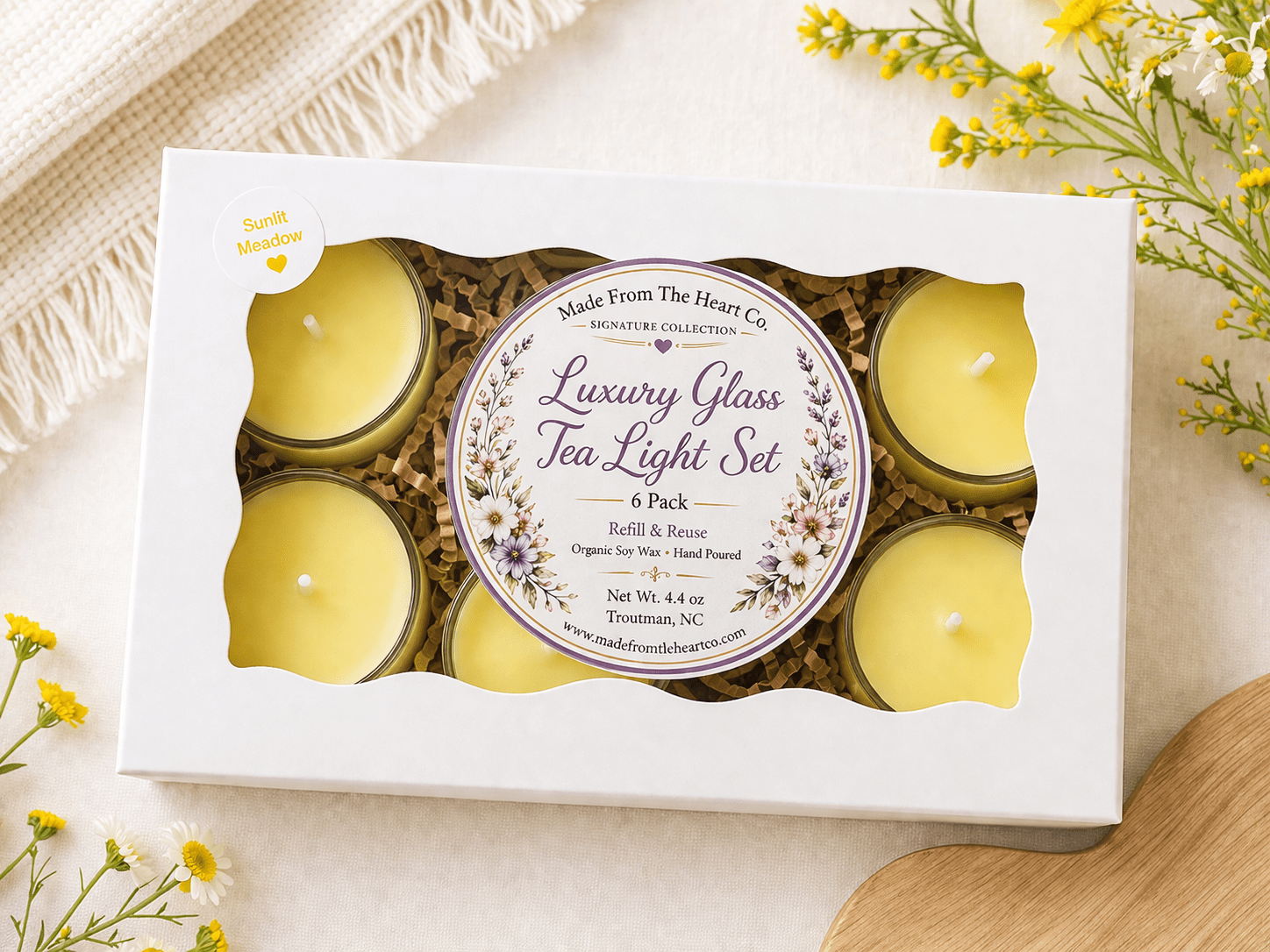 Sunlit Meadow Tea Lights – Luxury Glass & Refills - Made From the Heart Co