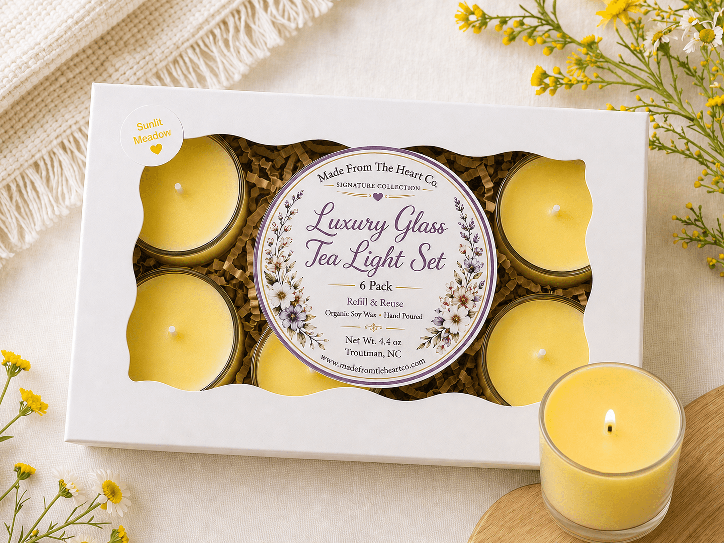 Sunlit Meadow Tea Lights – Luxury Glass & Refills - Made From the Heart Co