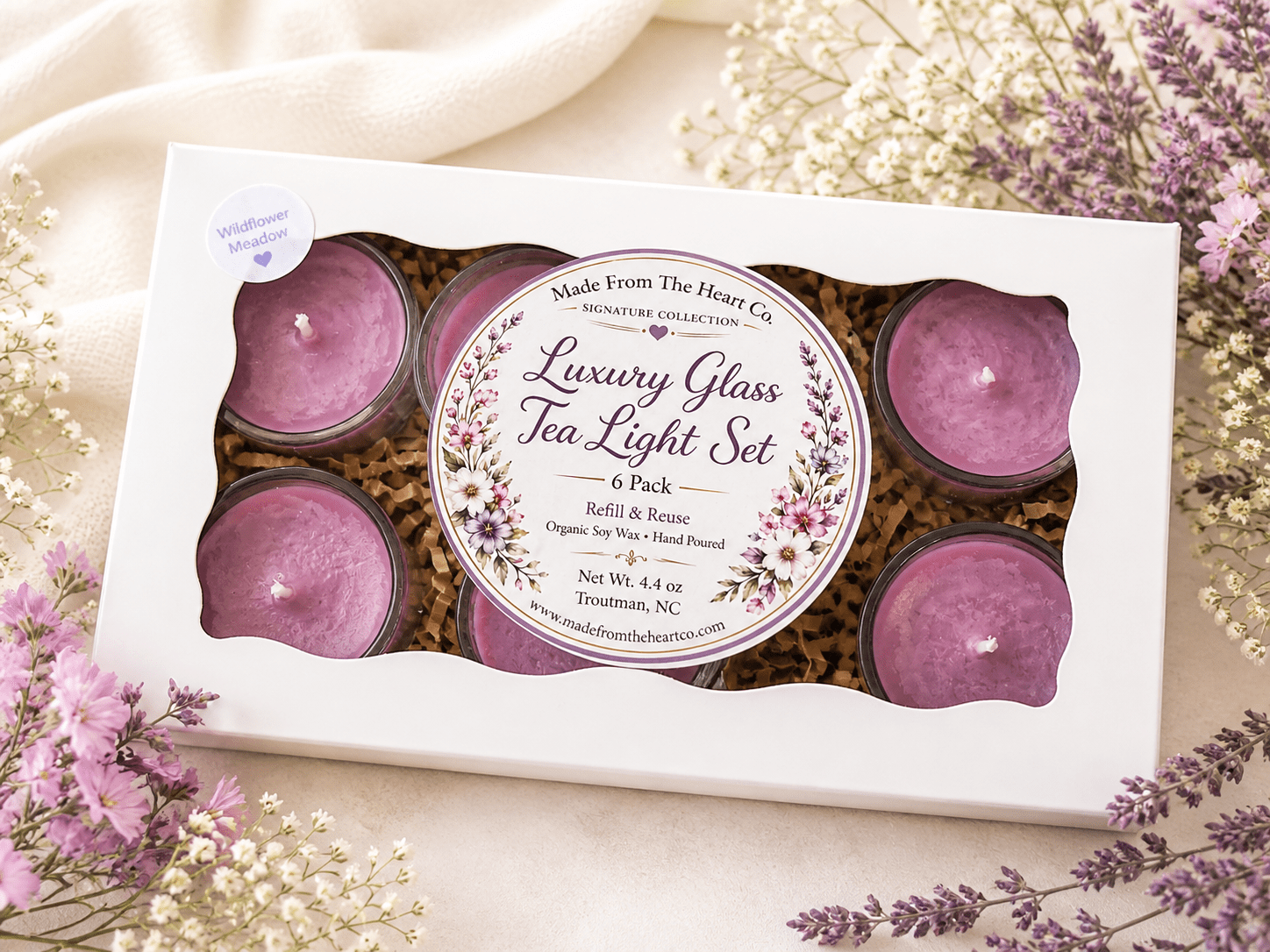 Wildflower Meadow Tea Lights – Luxury Glass & Refills - Made From the Heart Co