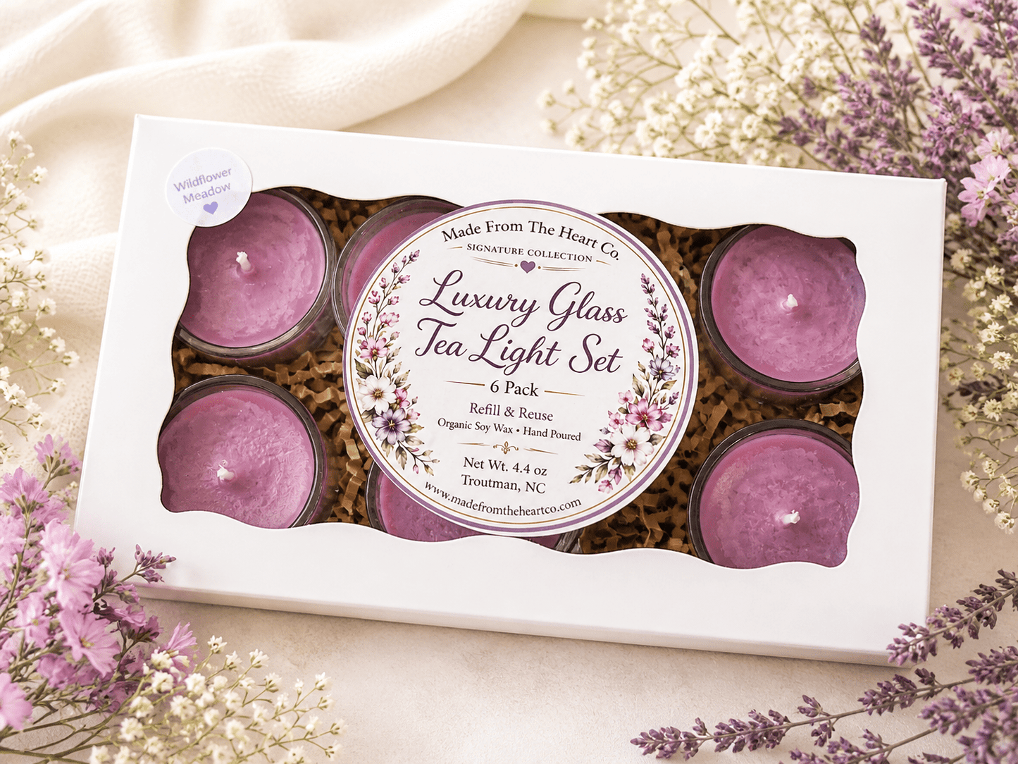 Wildflower Meadow Tea Lights – Luxury Glass & Refills - Made From the Heart Co