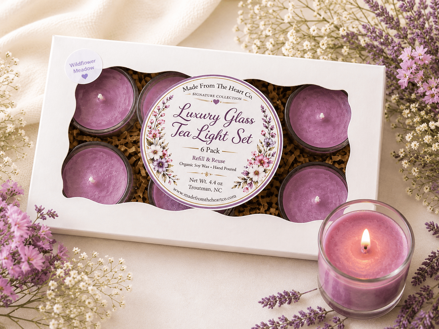 Wildflower Meadow Tea Lights – Luxury Glass & Refills - Made From the Heart Co